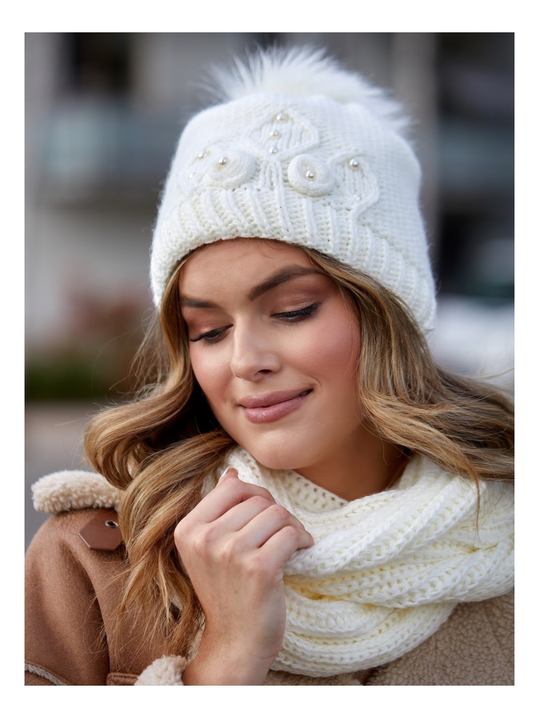 Beaded hat with a neck warmer for winter, cream C50 - Online store - Boutique